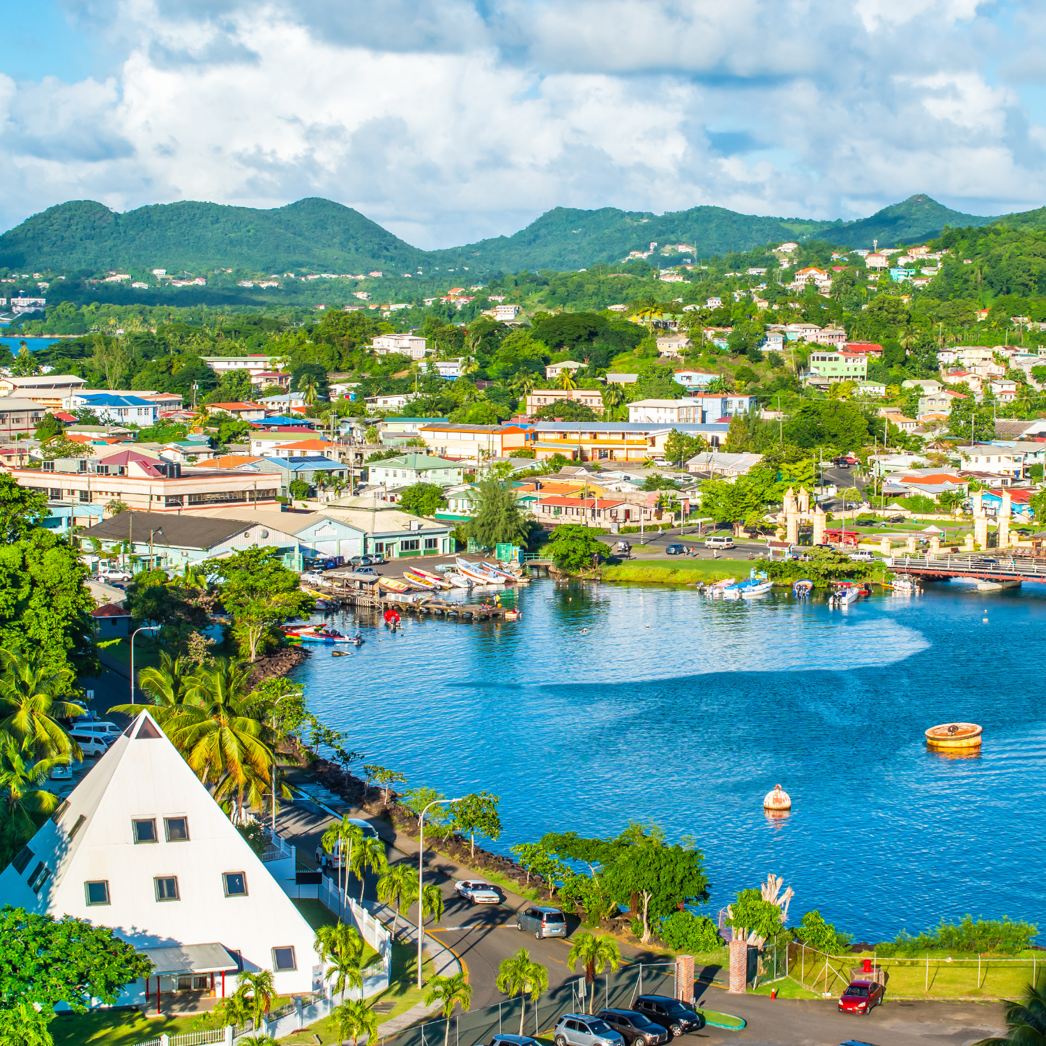 Aerial view of Castries, capital and cruise port of St Lucia in the Caribbean.