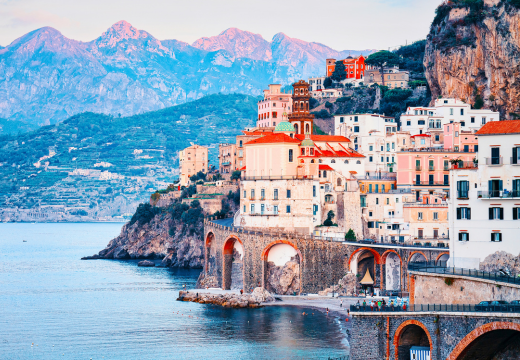 Amalfi coast town at Tyrrhenian sea in autumn