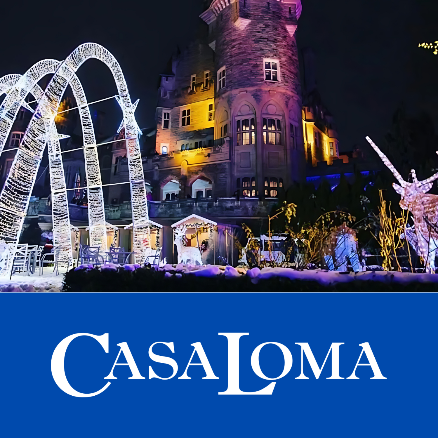 Casa Loma logo with image of outdoor holiday decor