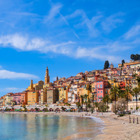 Colourful buildings overlook the sea in Menton, a famous seaside resort on the French Riviera 