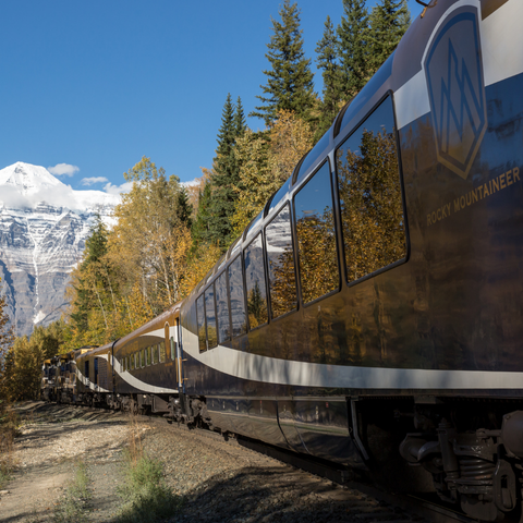 Rocky Mountaineer travelling towards Mount Robson on Journey through the Clouds