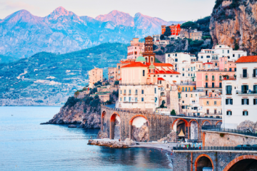 Amalfi coast town at Tyrrhenian sea in autumn
