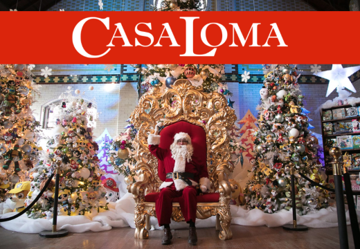 Santa Clause sitting on Christmas set at Casa Loma