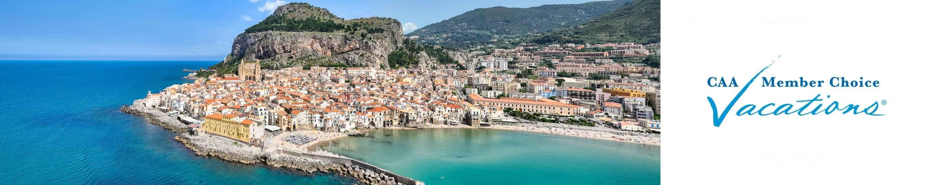 Cefalù City Aerial Drone Point of View Panorama over the turquoise Mediterranean sea of north Sicily's tyrrhenian coast