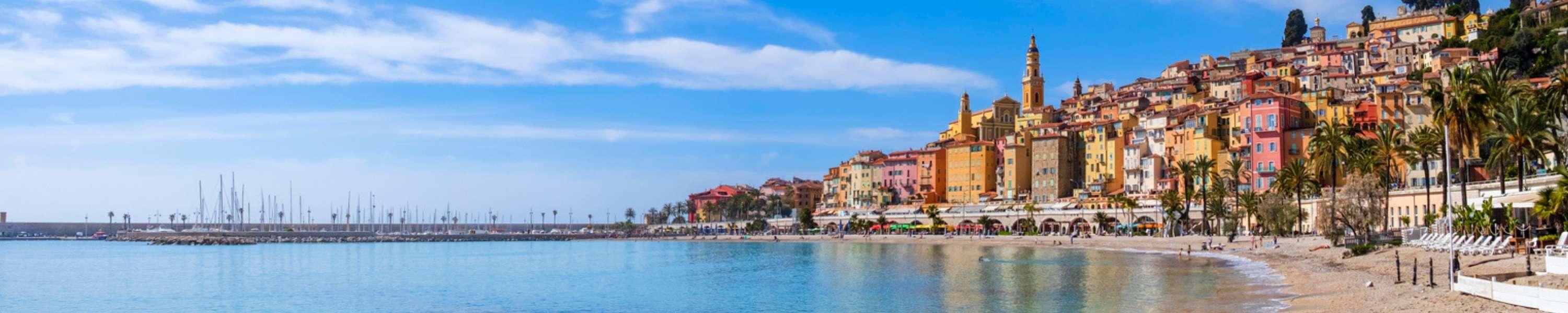Colourful buildings overlook the sea in Menton, a famous seaside resort on the French Riviera 