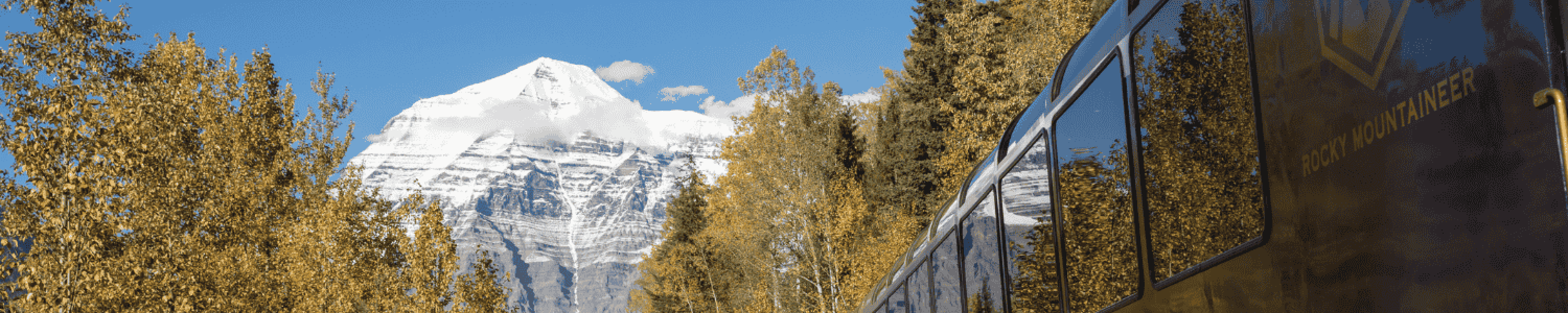 Rocky Mountaineer travelling towards Mount Robson on Journey through the Clouds