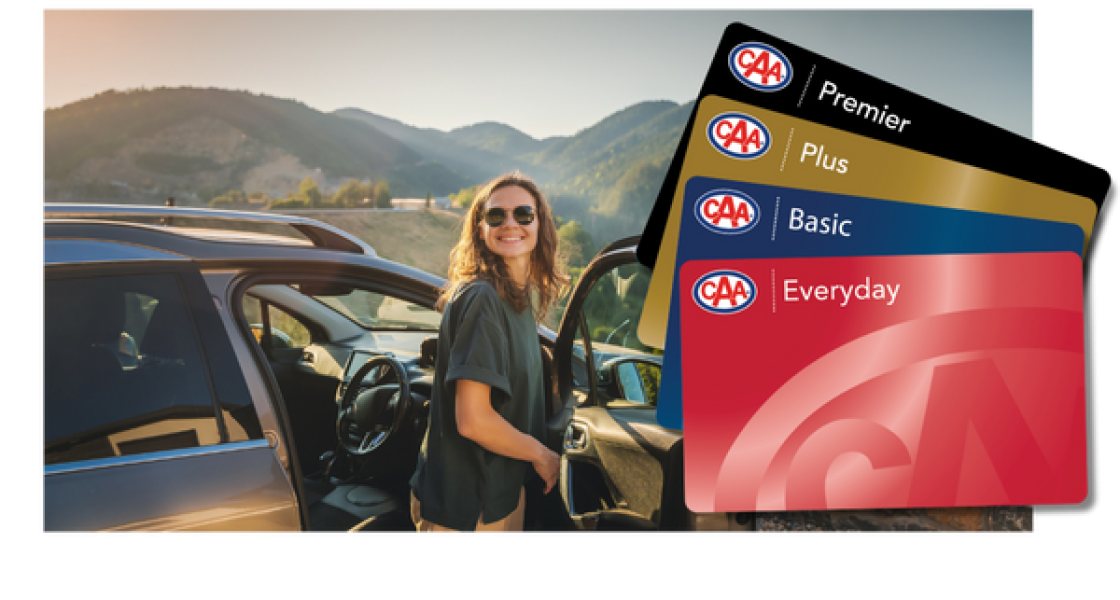 Girl next to a car and CAA Membership Cards