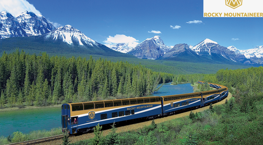 rocky mountaineer train with river, trees and mountain landscape